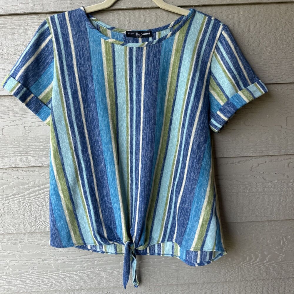 Kim & Cami Women's Blue Green Striped Short Sleeve Shirt Tie Front Top Med